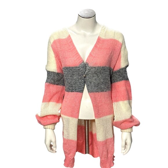 Striped Colorblock 5XL Pink Cream Gray Cardigan Sweater Striped Open Tight Knit - Picture 2 of 10